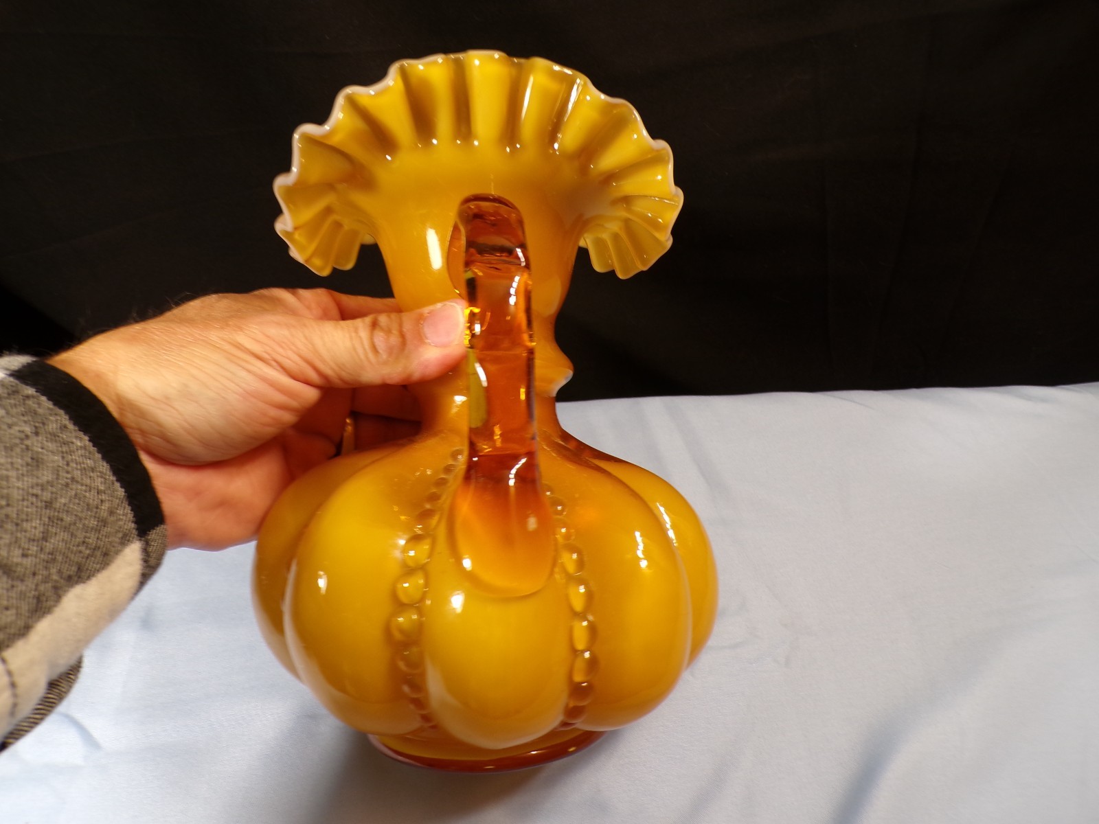 HTF Fenton Gold Overlay Cased Glass Large Beaded Melon Pitcher 7 7/8″ Tall