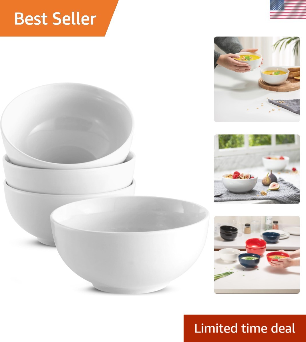 Set of 4 Elegant Marshmallow White Ceramic Bowls – Microwave & Dishwasher Safe