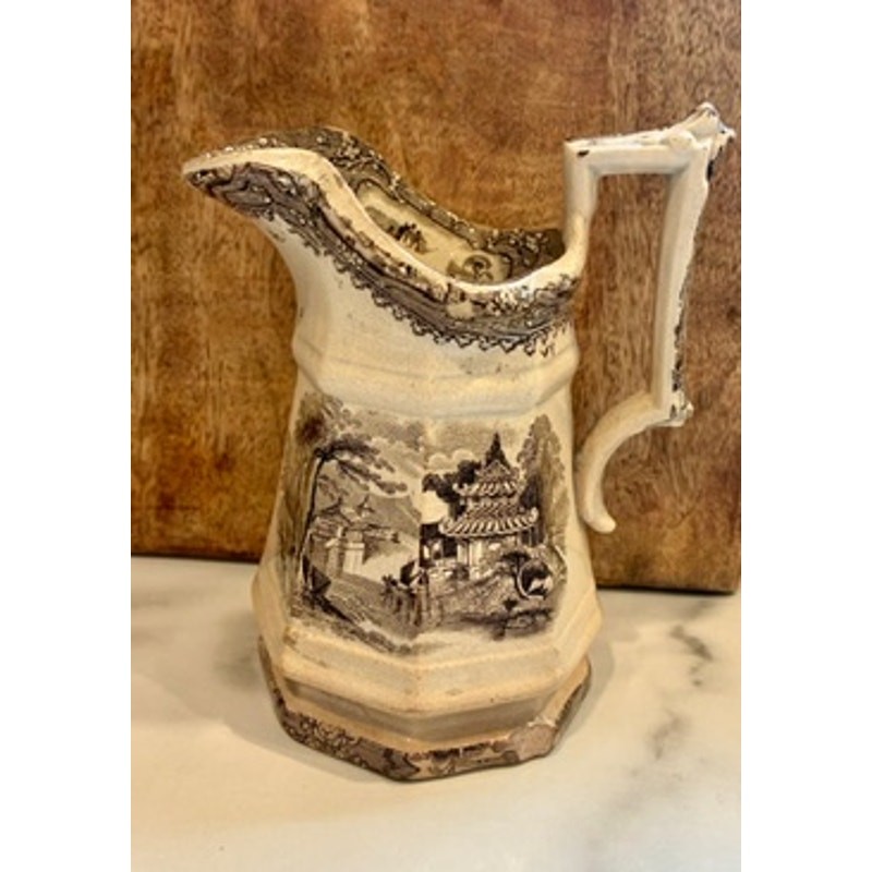 Antique Victorian Brown Transferware Octagonal Pitcher Chinoiserie 6”