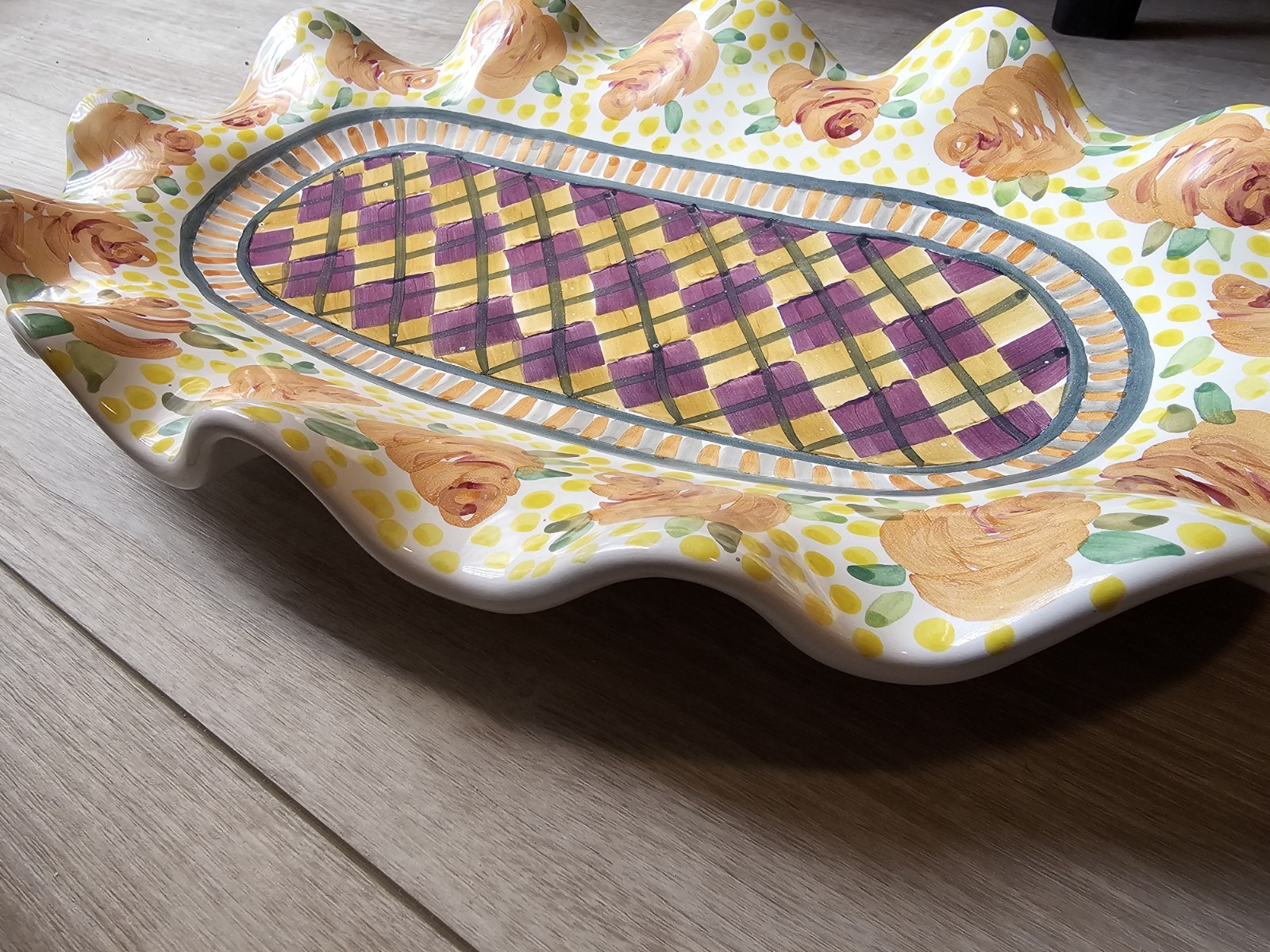 Hand Painted Large MacKenzie Childs Serving Platter Fluted Odd Fellows Retired