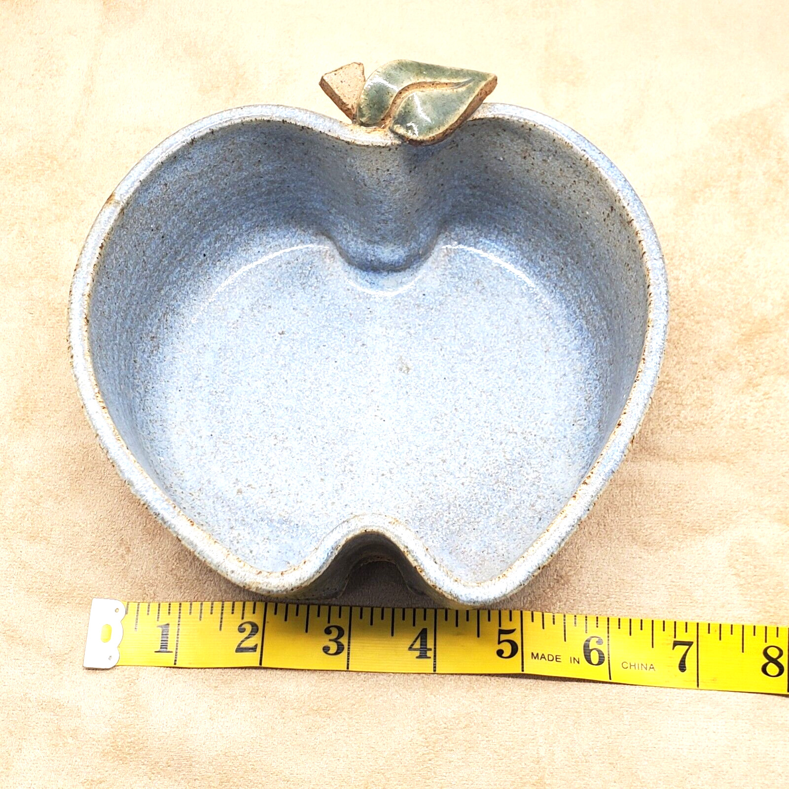 Stoneware Apple Dish 7 in Wide Signed Gray Blue Tan Speckled 1 lb, 2 oz