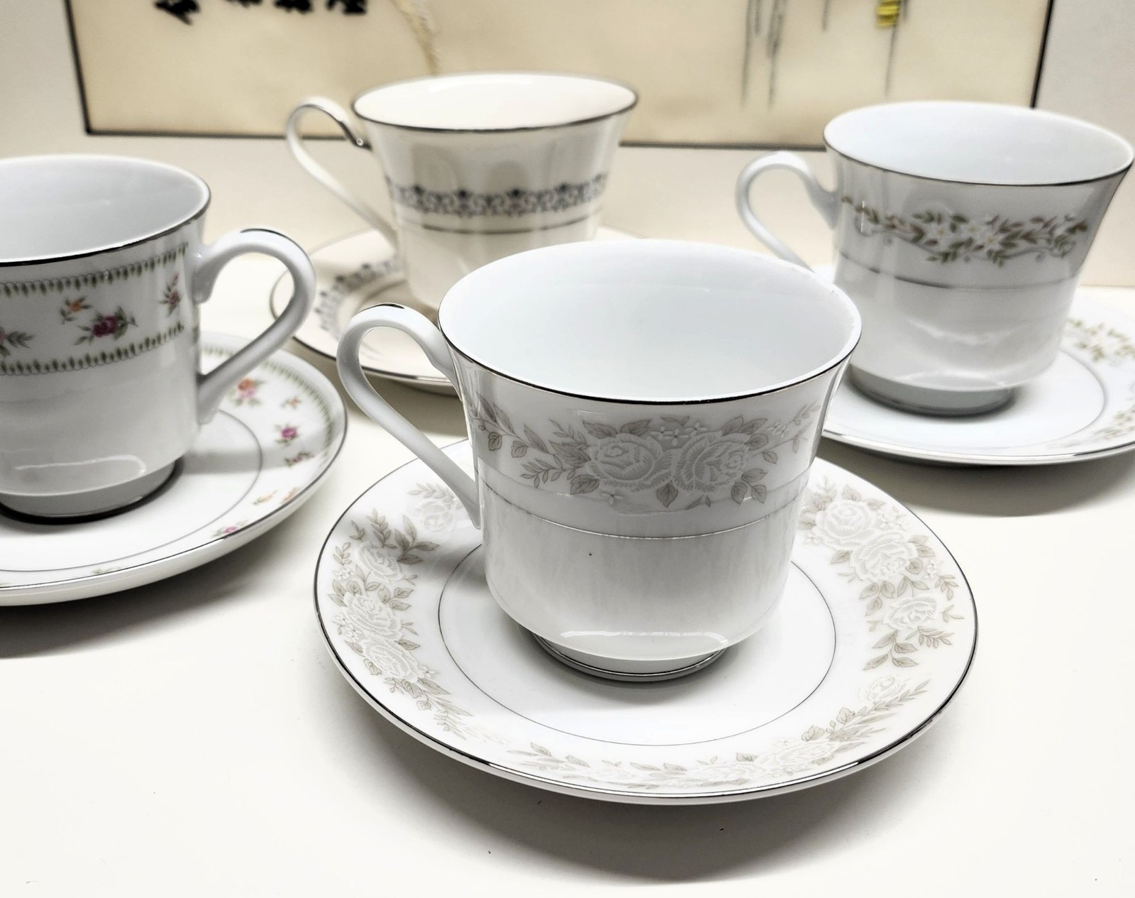 Mismatched China Tea Cups & Saucers Soft Floral Designs 4 Sets