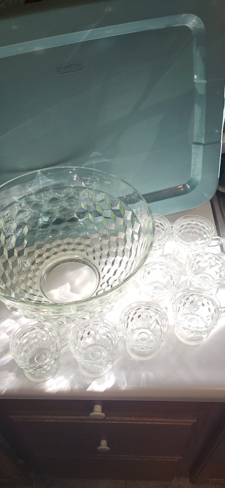 13″ Punch Bowl Clear Cube Glass Whitehall W/8 Punch Cups