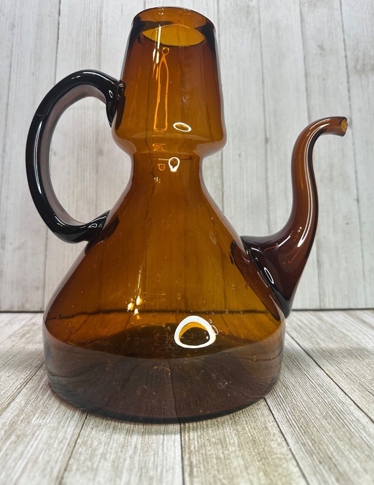 Vtg Amber Blown Glass Tea Pot with Handle 9″ Tall Retro Style Home Decor