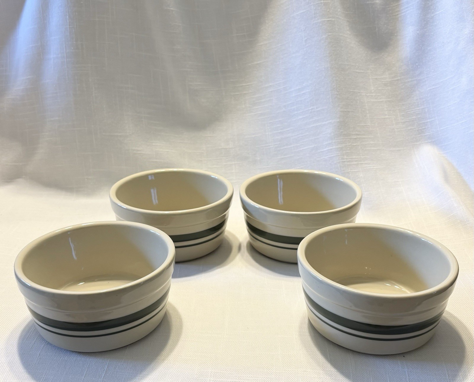 ROSEVILLE Friendship Pottery Green Stripe Flat Bottom 5” Cereal Bowls~ Set of 4!