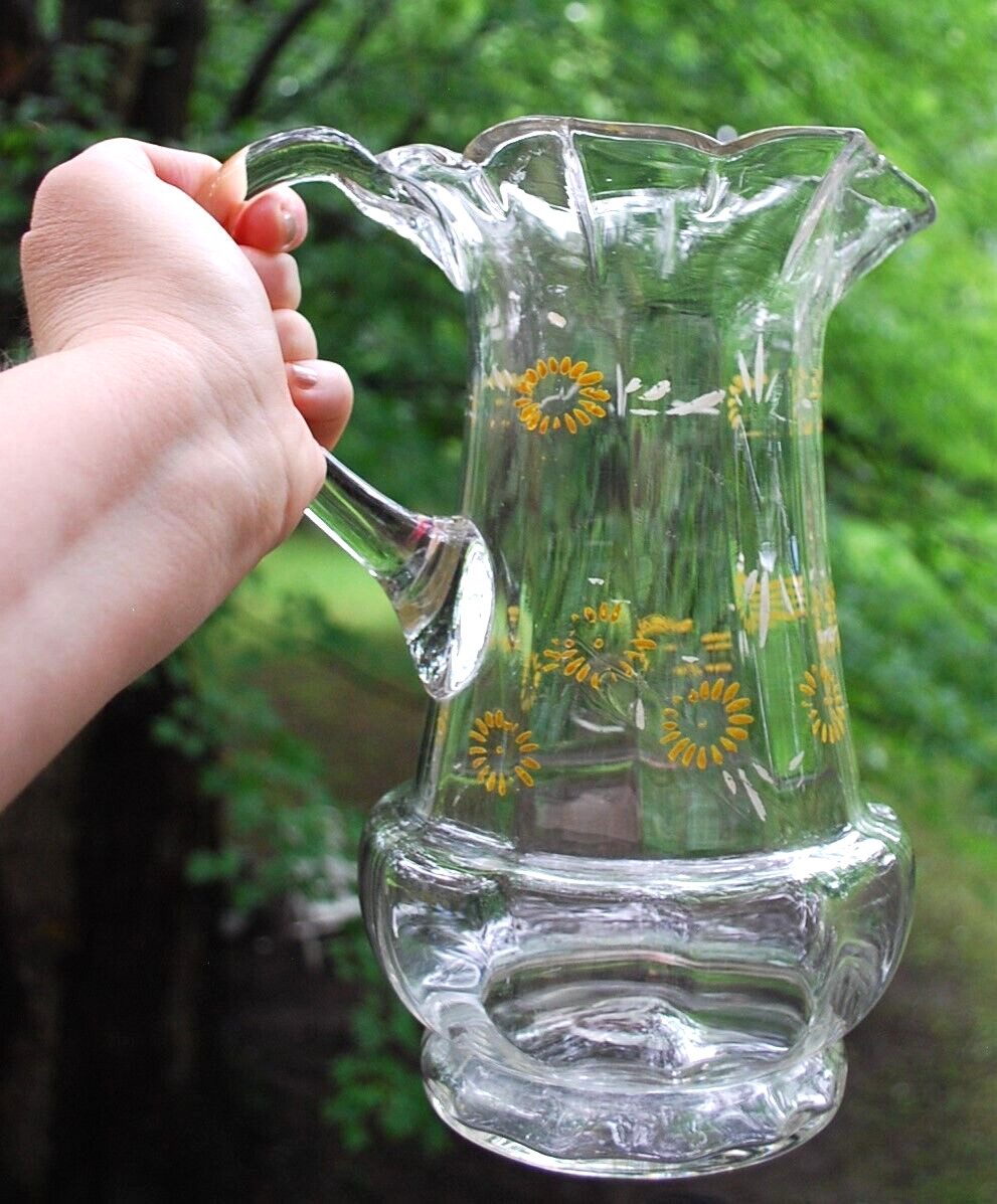 Antique Victorian PITCHER Clear Optic Glass FLORAL ENAMELED DAISIES Petal Rim