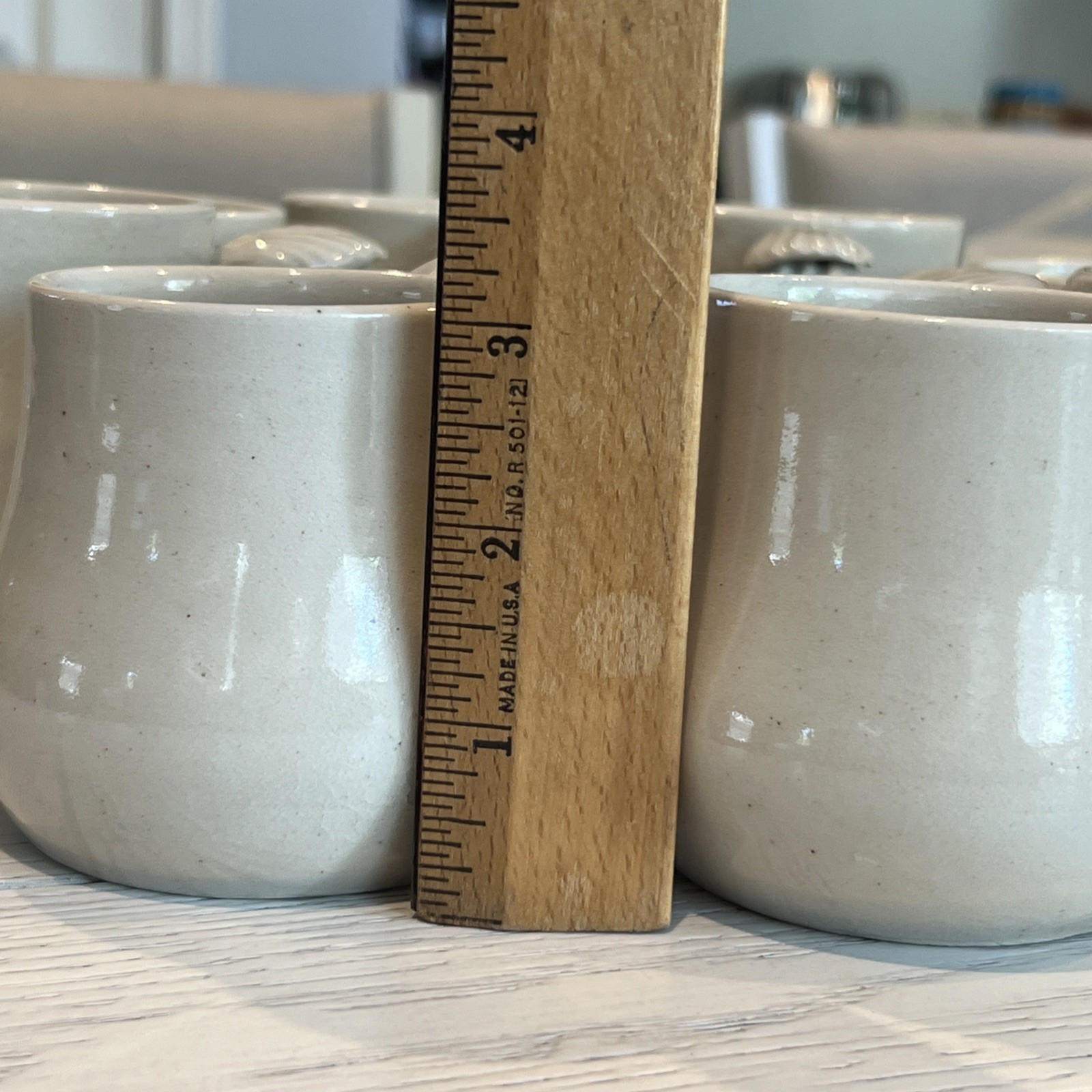 8 Pc Hand Thrown Beige Clay Pottery Coffee Tea Mugs Seashell Handle Stamped Set