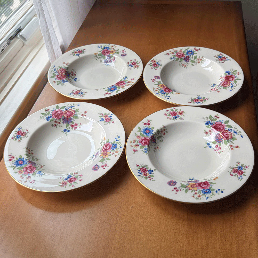 Lenox Aurora 4 rim soup bowls~fine bone china~1936~made in USA~gold rims