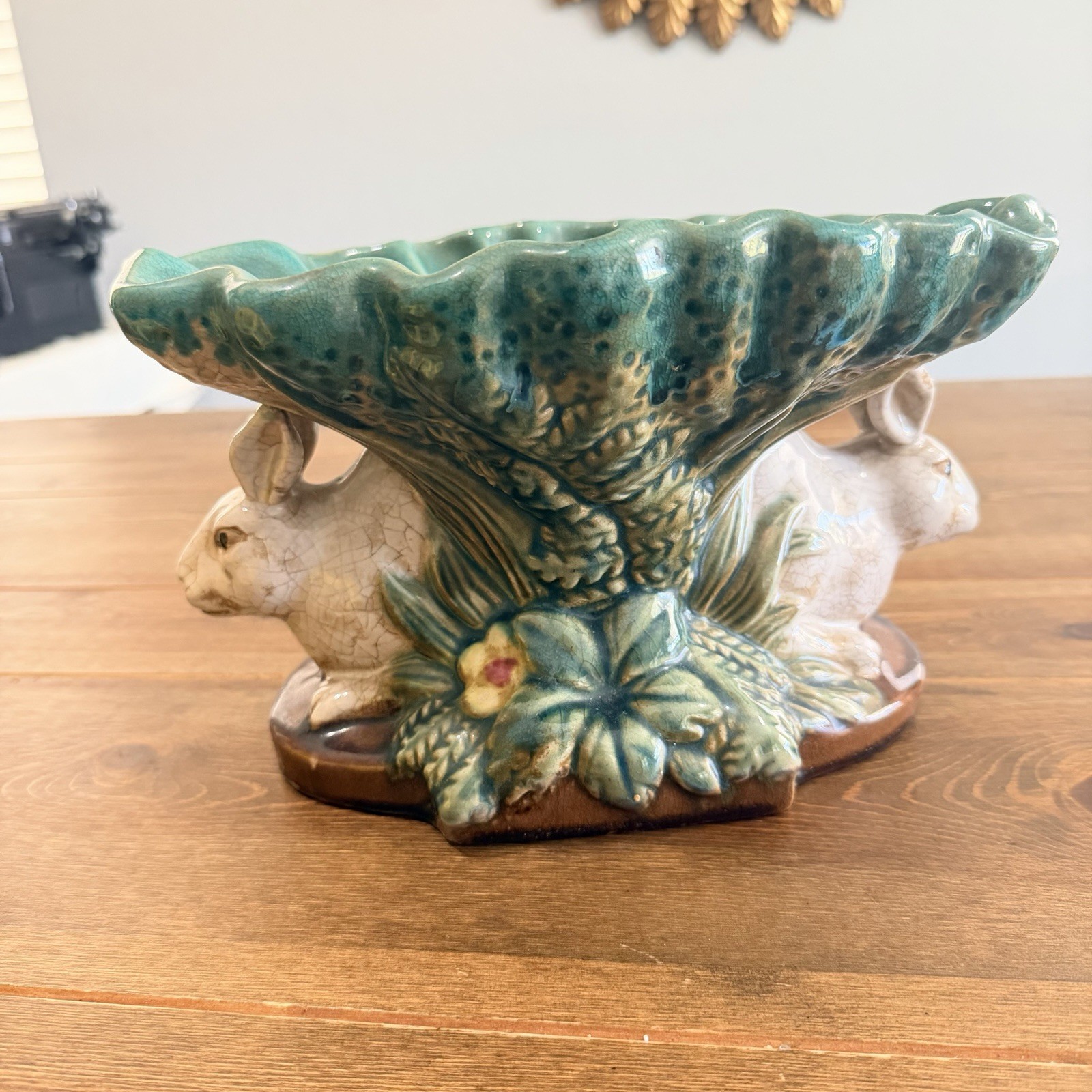 Vtg Majolica Double Rabbit Pedestal Compote Fruit Bowl Centerpiece Easter