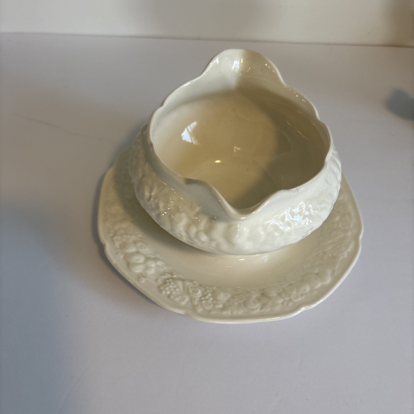 Crown Ducal Florentine Ivory Colored Gravy Boat with Attached Underplate
