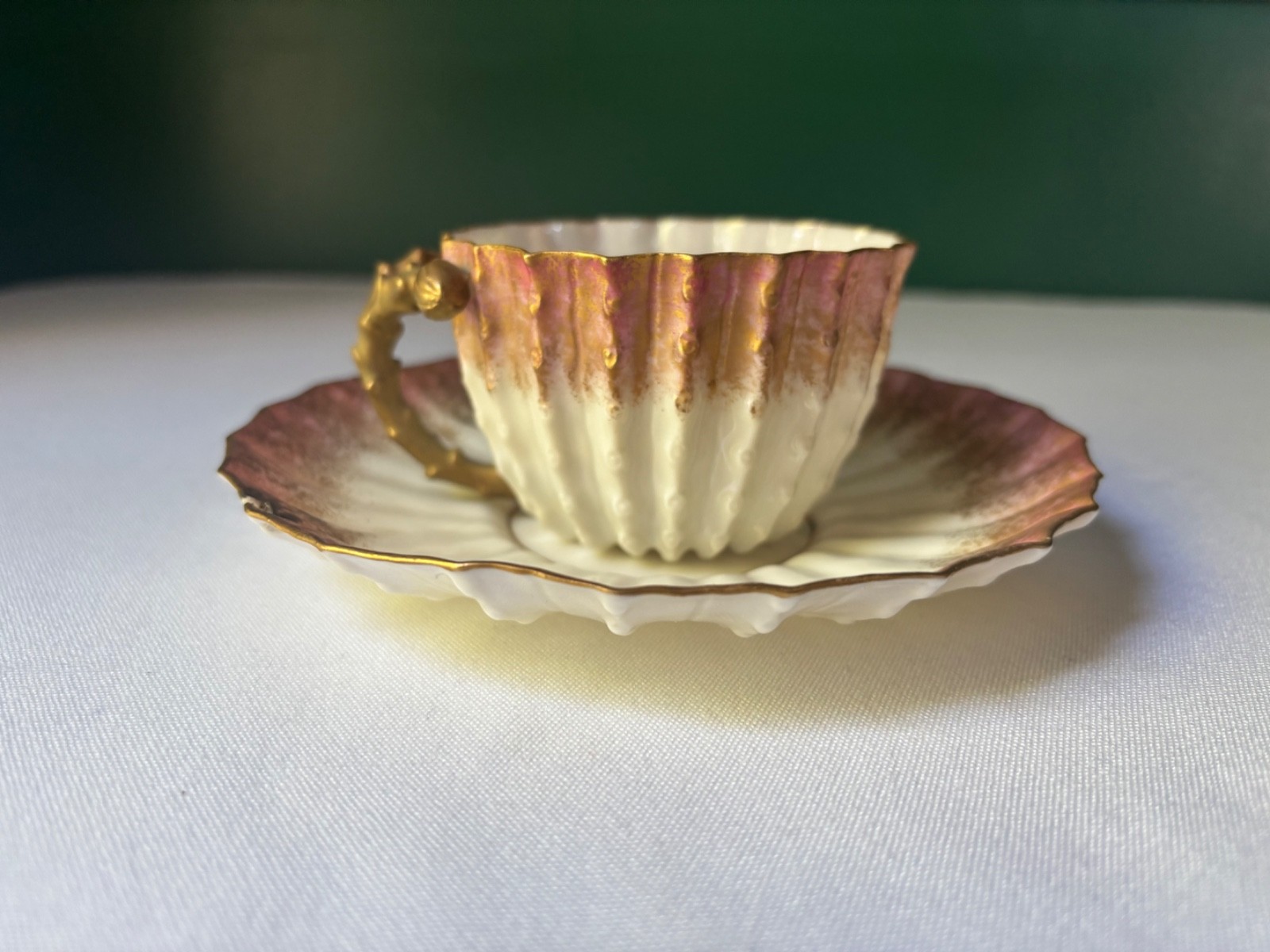 Antique Pink Belleek Cup Saucer Shell Design Gold Sculpted Handle Staple Repair
