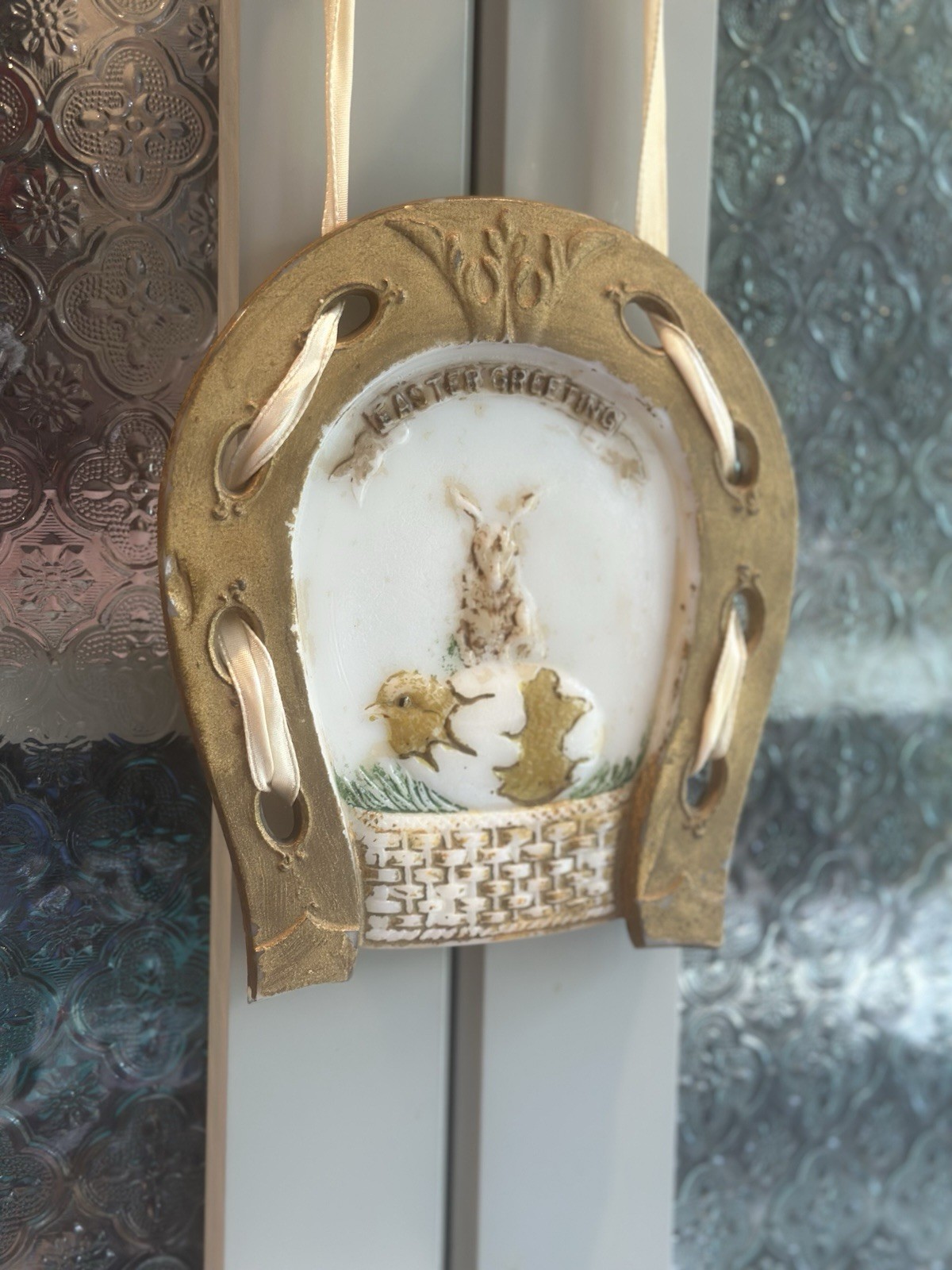 P.L. Co. Antique Pressed Milk Glass Easter Horseshoe Hanging Plaque Bunny Chick