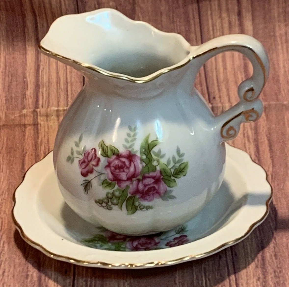 Diamond Fine China ~ Floral Creamer and Saucer Set ~ Japan *mini*