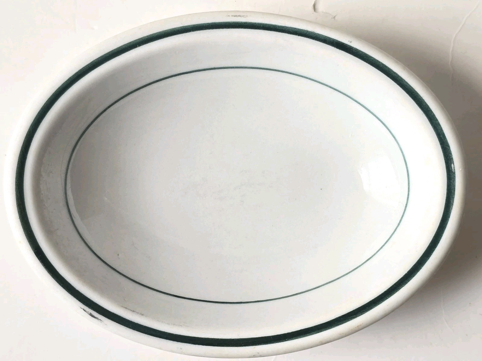 Vtg Oval Ironstone Niagara China Soap Dish Restaurant Ware White Stripe Green 5″