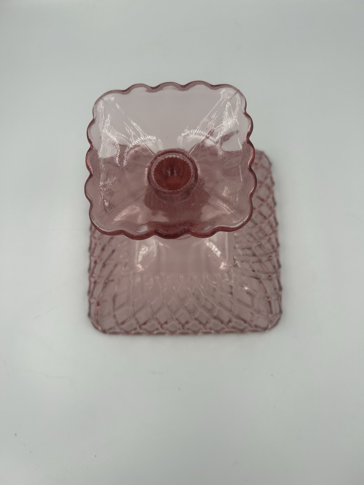 Pink Glass Square Pedestal Compote Dish, Diamond Pattern, 8 in x 8 in