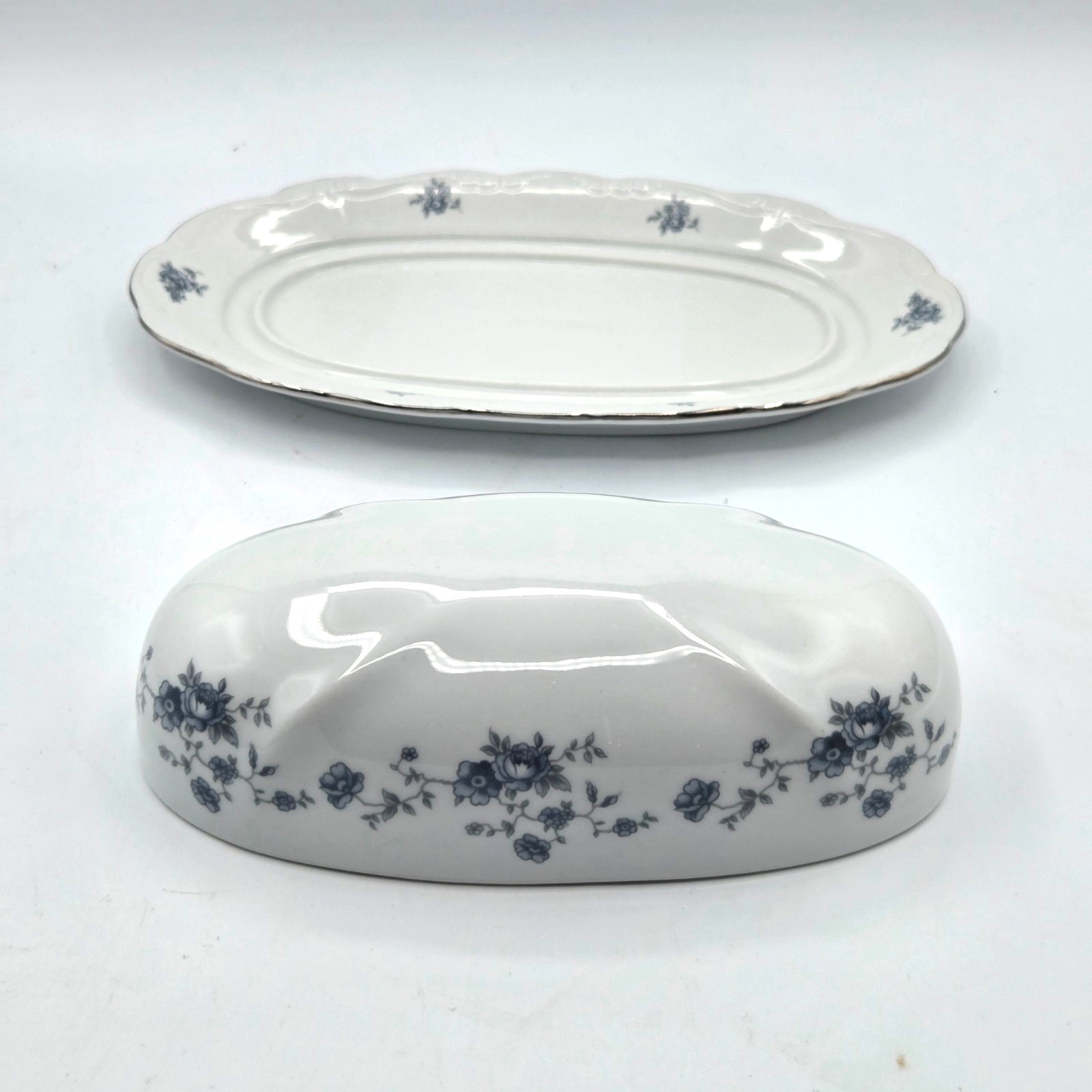 Johann Haviland Bavaria Germany Blue Garland BUTTER DISH Platinum Trim Vintage