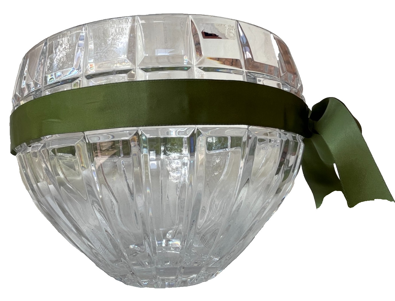 MARQUIS by WATERFORD QUADRATA CRYSTAL 7″ BOWL ~ GREEN RIBBON ATTACHED ~ SIGNED