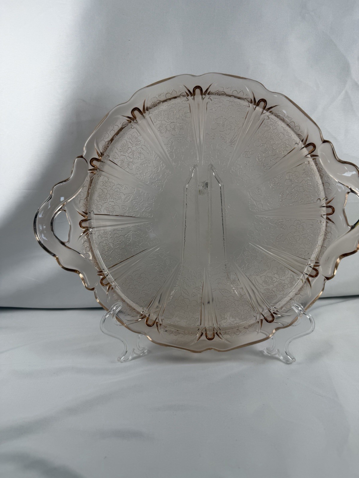 Vintage Jeanette Pink Depression Glass Cherry Blossom Handled Tray READ Repro