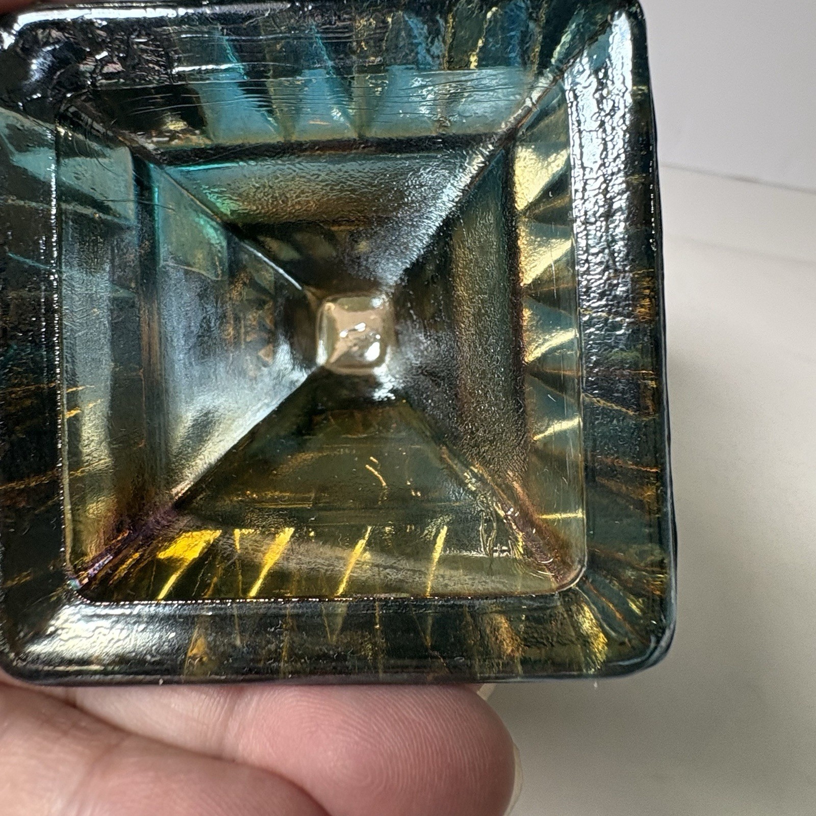 Vintage Jeannette Glass Wedding Cake Box Candy Dish Iridescent Blue Green 1960s