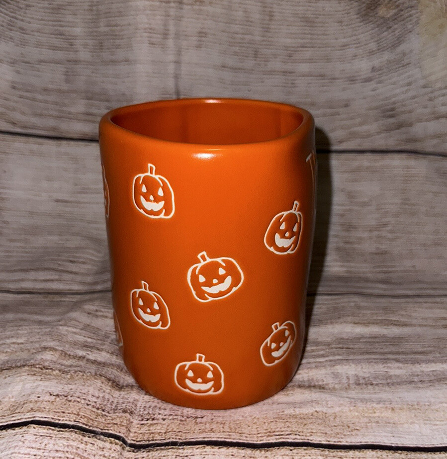 Rae Dunn Orange Halloween Trick Or Treat White Pumpkins Coffee Mug New Farm