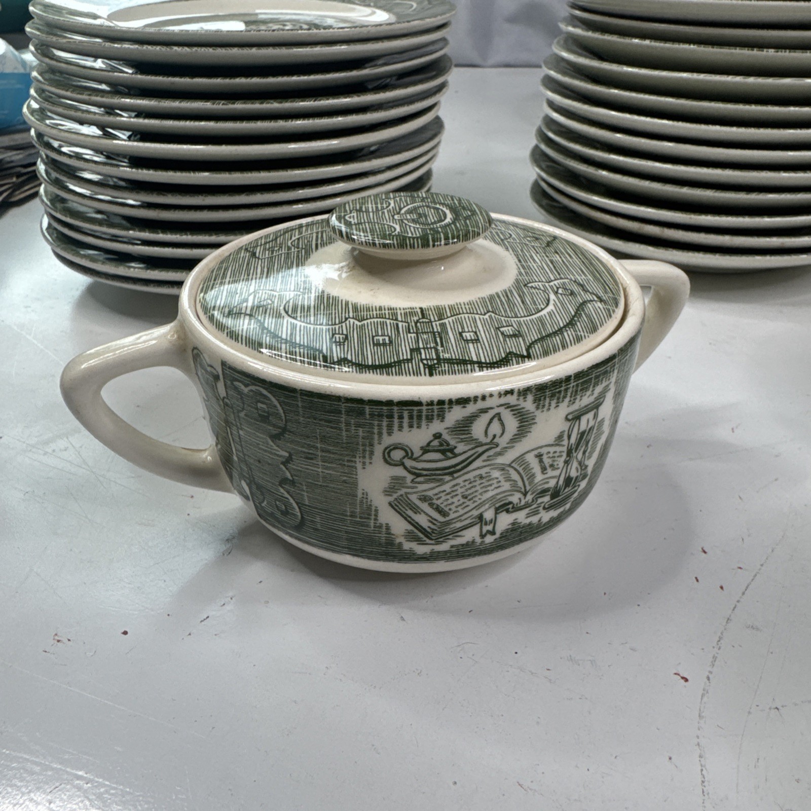 65 Pc Old Curiosity Shop Transferware Plates Bowls Cups Creamer Sugar Tea Kettle