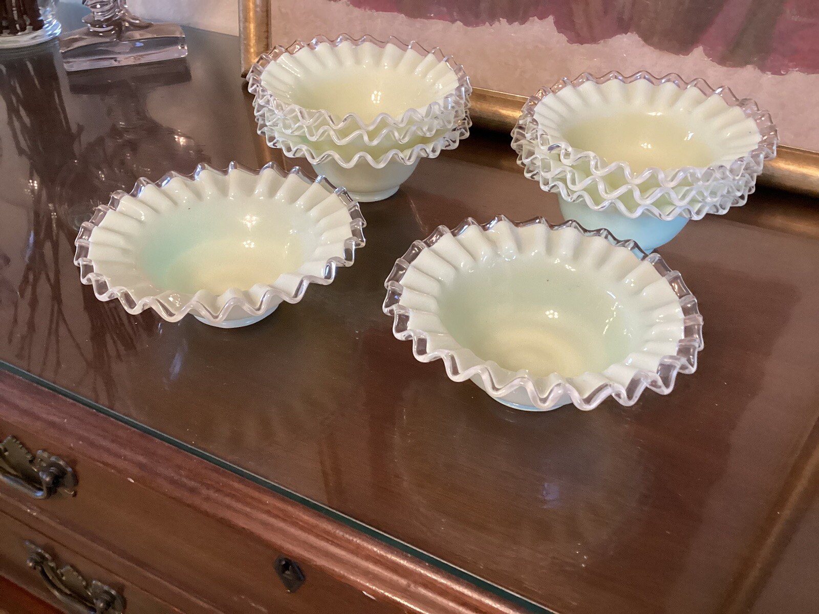 Fenton Glass Crested Opalescent Yellow /Green Pastel Milk Glass Bowls