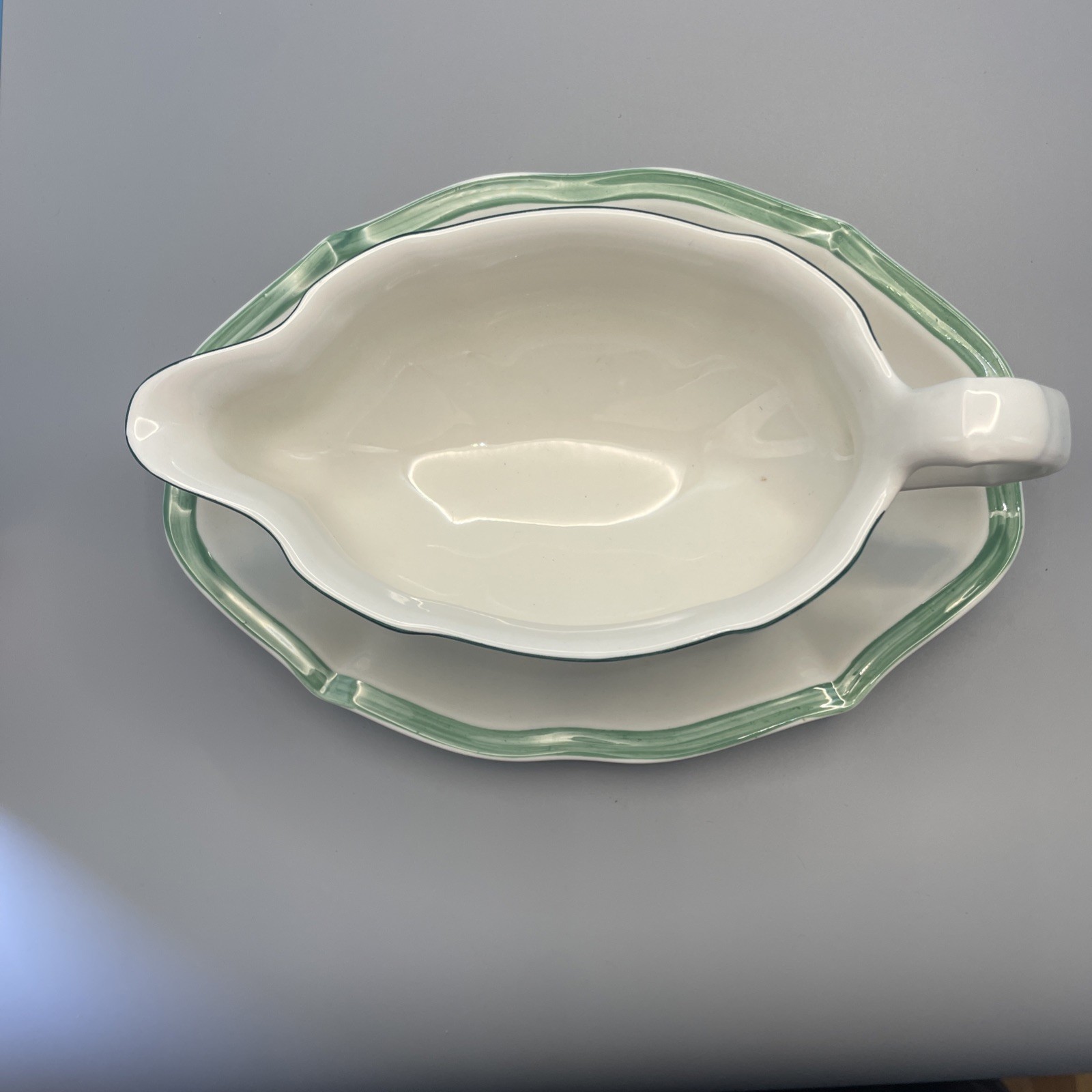 Ceramic Gravy Boat w/Underplate, Fruit and Leaf Motif, Green Rim