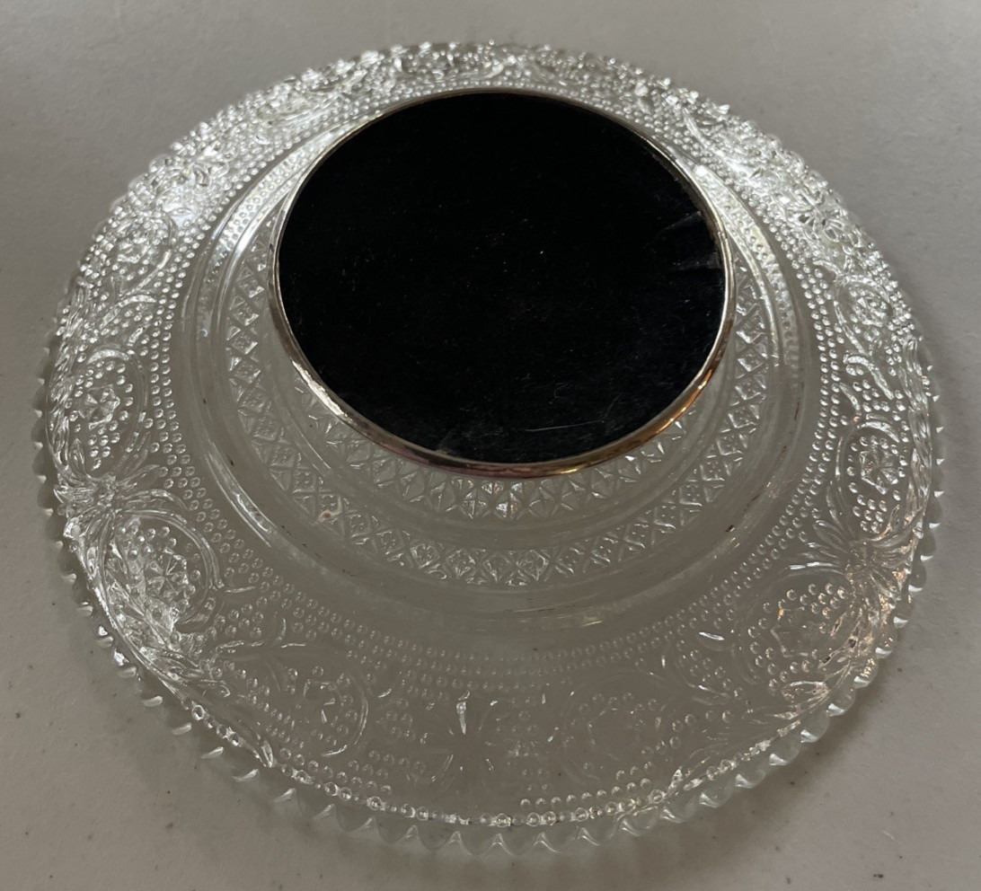 Vintage KIG Clear Fleur De Lis Pattern Silver Plate Footed Candy Nut Dish Server