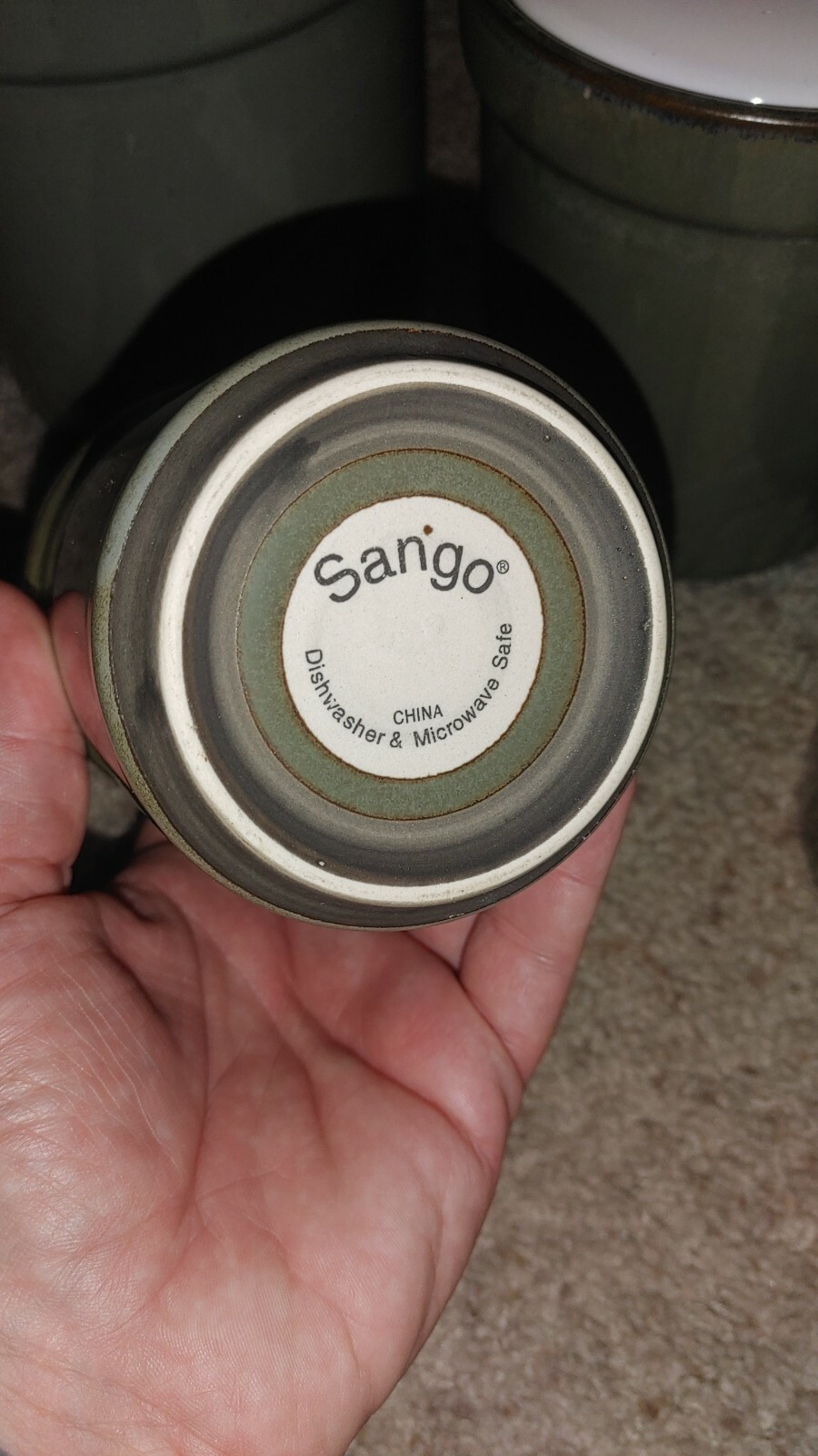 Vintage Sango Stoneware Canister Set of 4 Avocado Olive Green w Gasket Lids