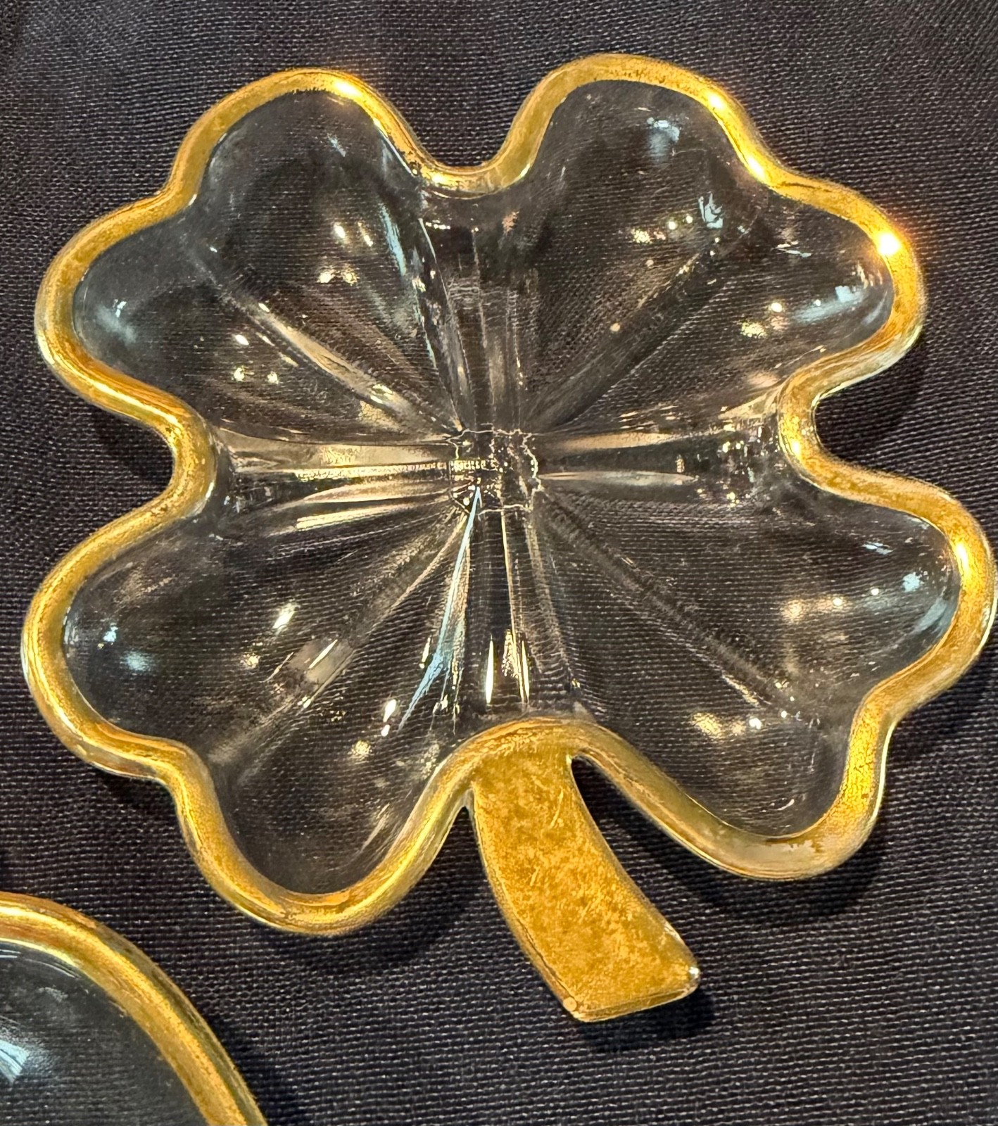 Vintage Jeannette Glass four-leaf clover dishes with 22k gold trim
