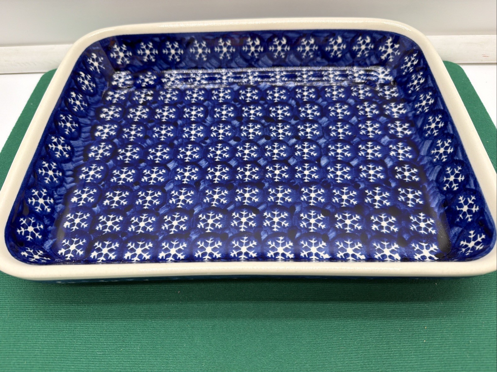 Vintage Polish Pottery Boleslawiec Blue Snowflake Rectangular Stoneware Dish