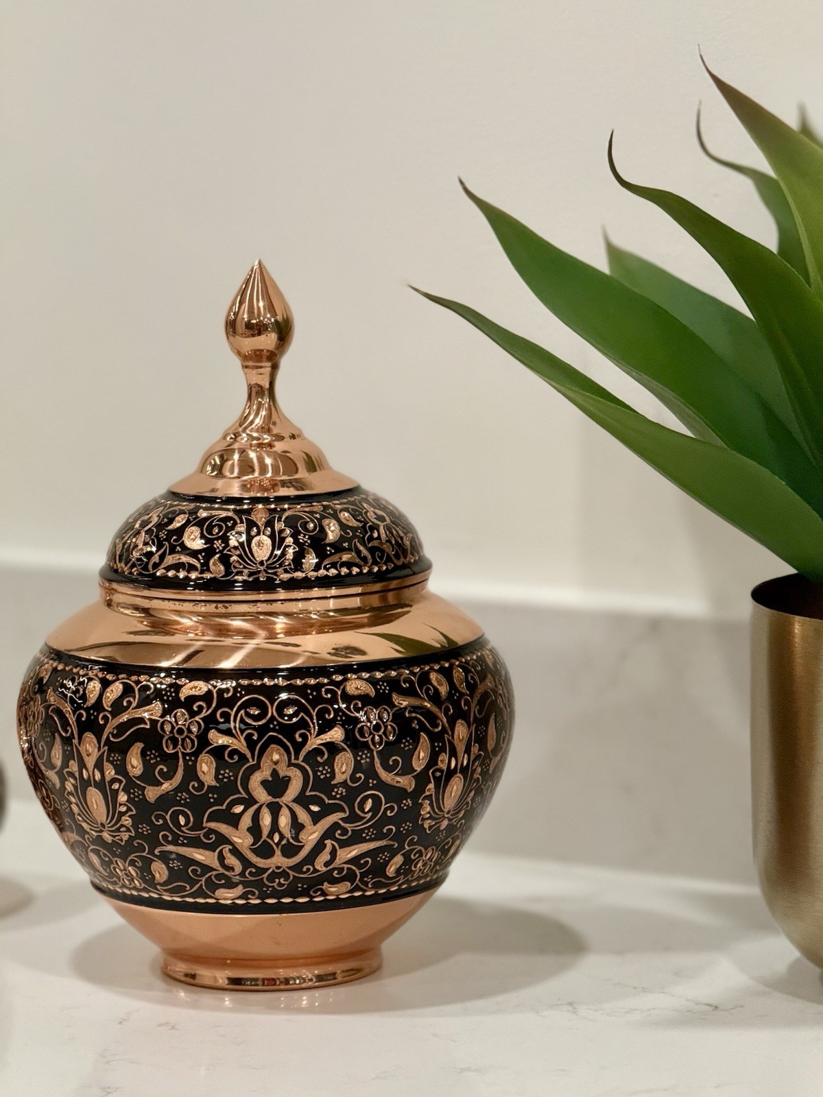 Vintage Handmade Copper Candy Bowl Glossy Lidded Jar with Handle Lidded 9in