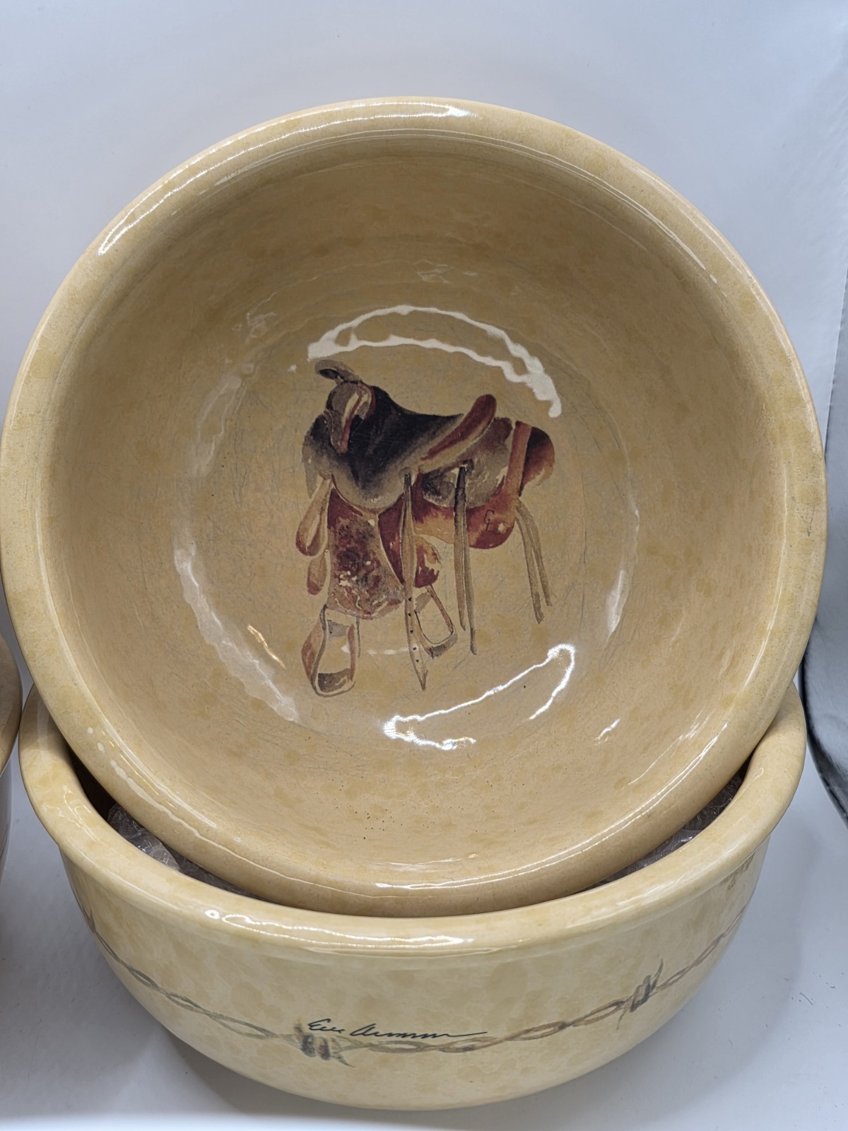 4 Eve Armson Signed Cowboy Living Soup/Cereal Bowl Saddle Barbwire Collection