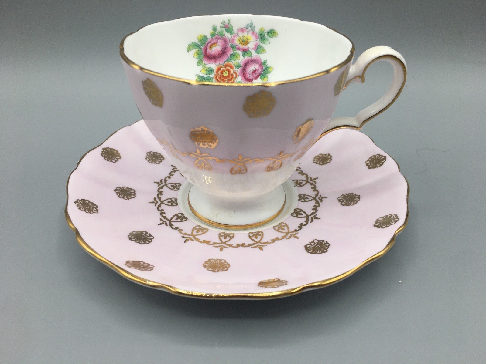 Grosvenor Teacup & Saucer Banded Pink & Gold Floral England Bone China Vintage