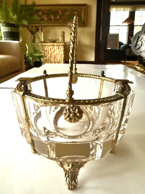 Rare Handled French Octagon Beveled Lead Crystal Gilt Bronze Bowl Griffin Feet