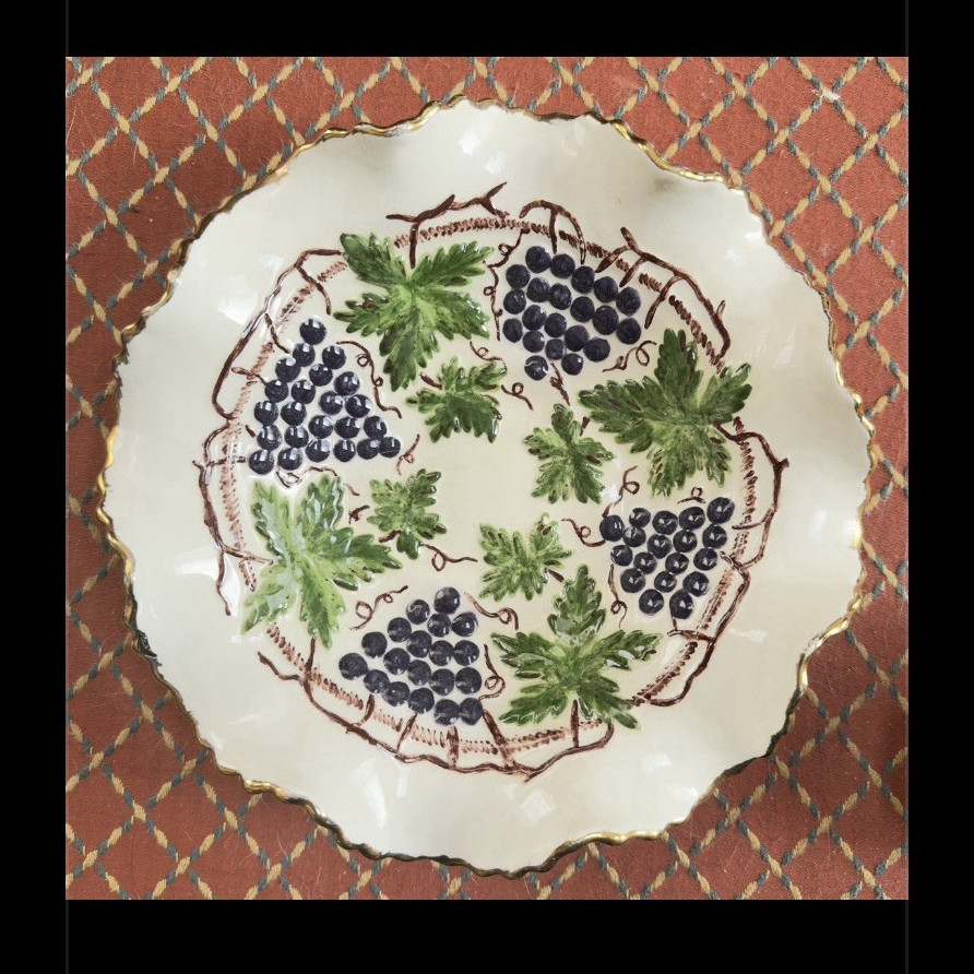 Hand Painted Ceramic Scalloped Border Gild Unique Grape Motif Collectable Dish