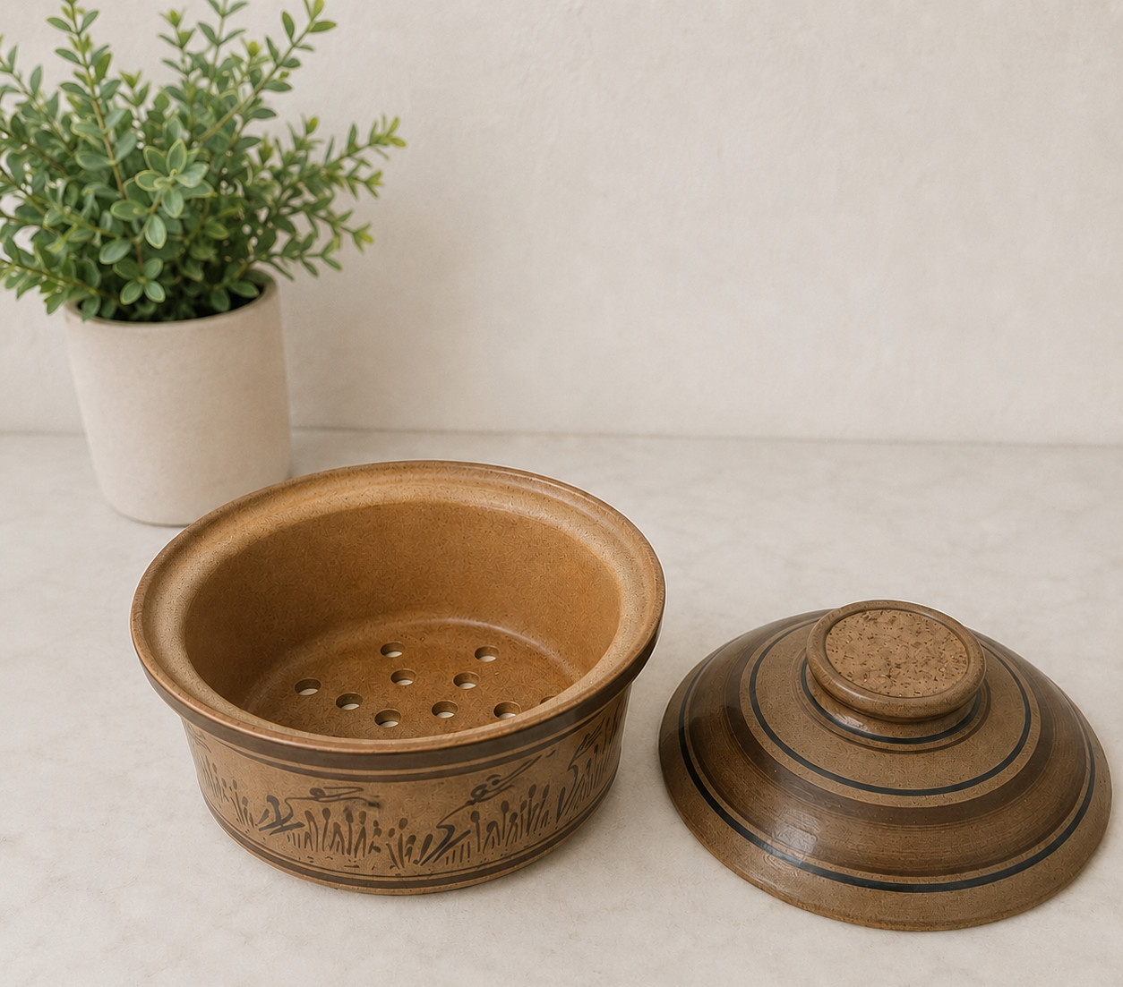 Rare Vintage Cedar Swamp Stoneware 3pc Stacking Steamer Humidifier 12″ Cattail