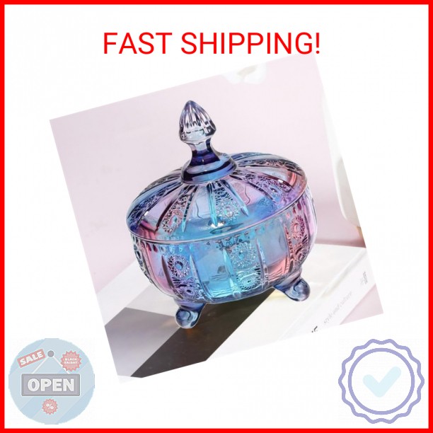 LWXPAIYY Purple Glass Candy Dish with Non-Airtight Lid,Embossed Candy Jar with L