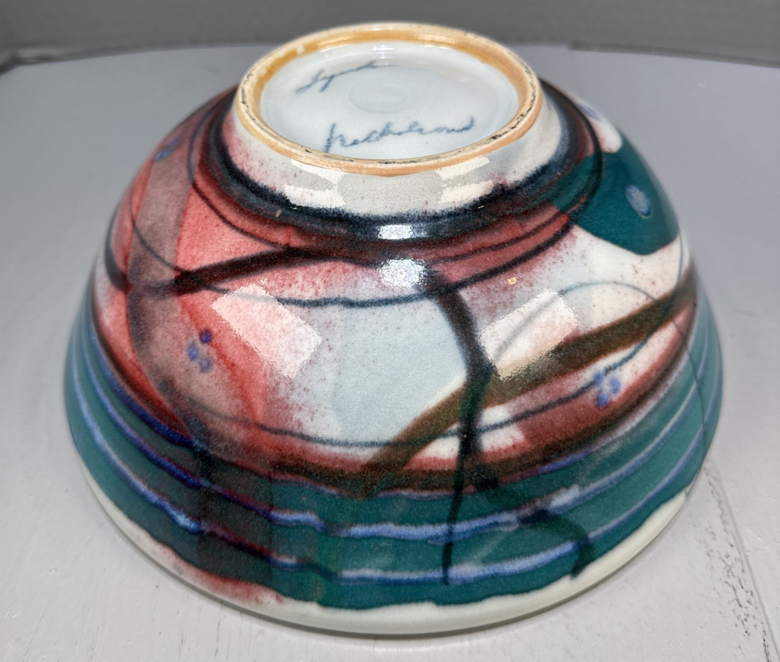 Studio Art Pottery Abstract Design Colorful Blue Green Red Artisan Signed 10″