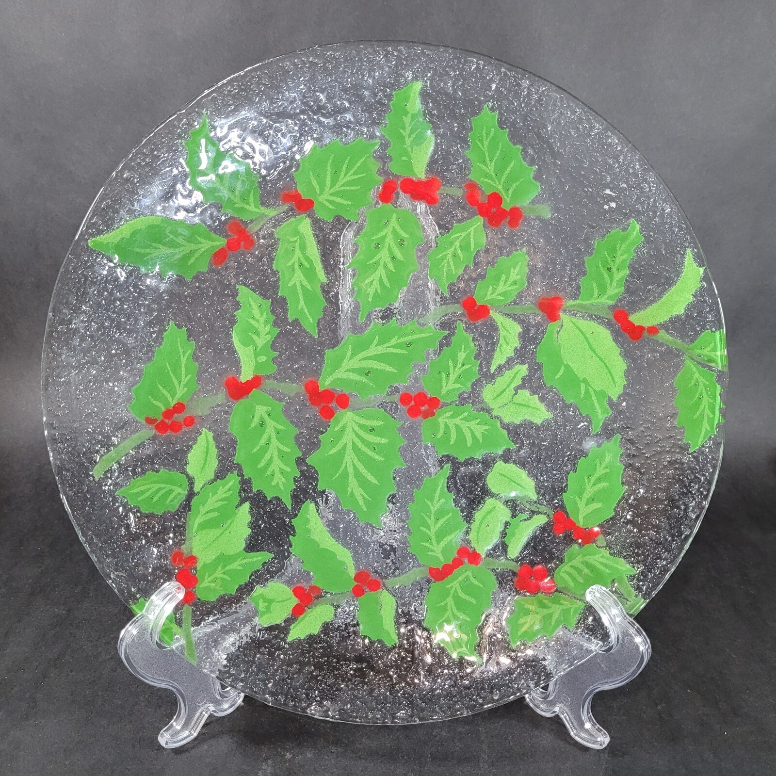 A. Cross Fused Art Glass Christmas Holly and Berries Plate Signed 11.5″