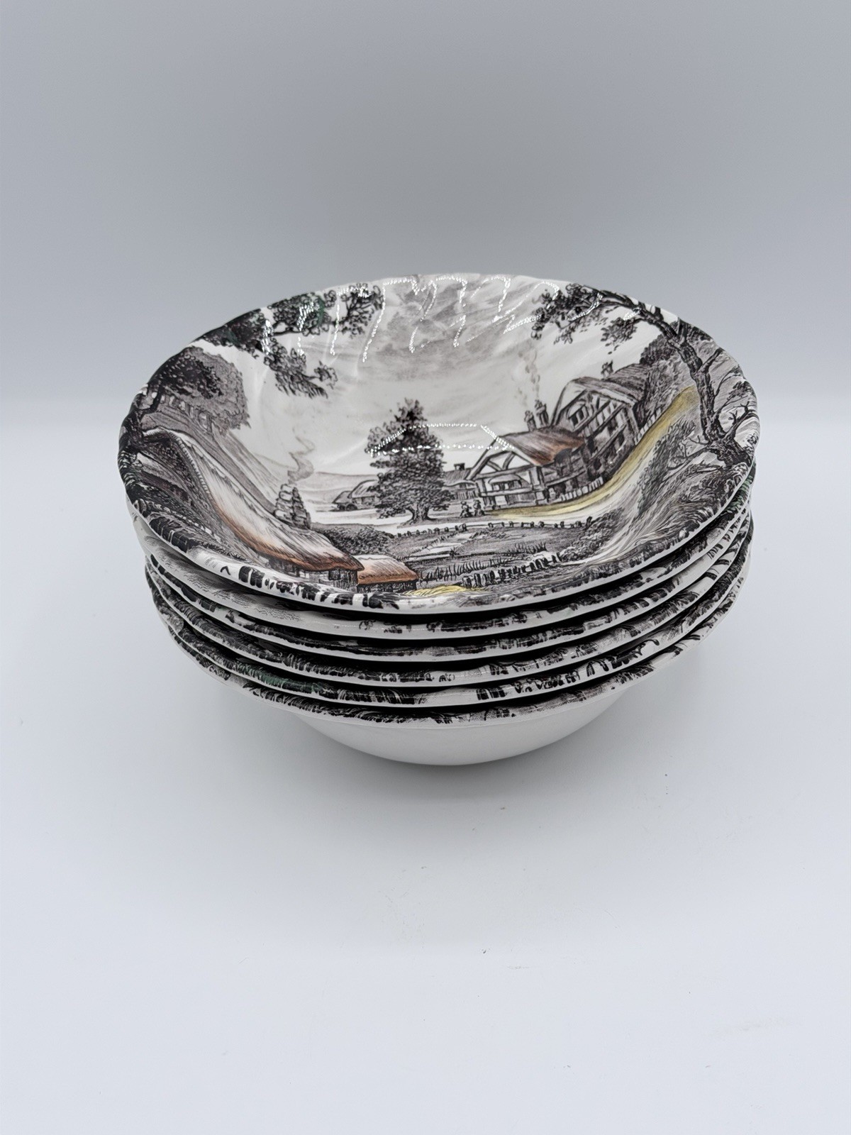 Staffordshire Ironstone Yorkshire Multicolor Coupe Cereal Bowls Set of 6 England