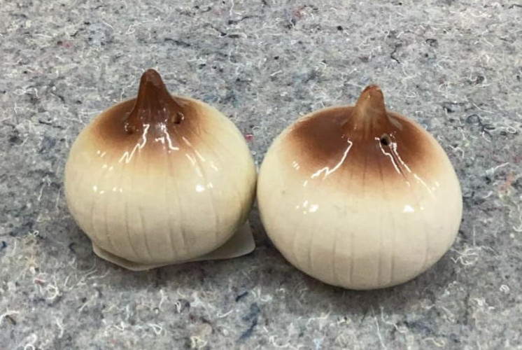 Mid Century Ceramic Onion Garlic Salt Pepper Shakers Japan c2