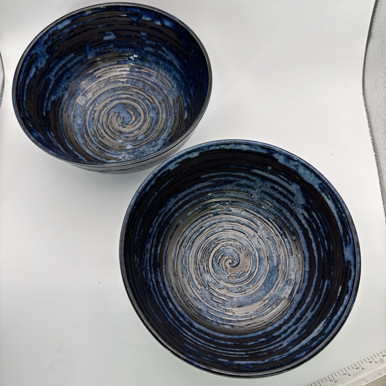 Set of 2 Art Blue Copper swirl ceramic udon noodle ramen bowls 6.5 in