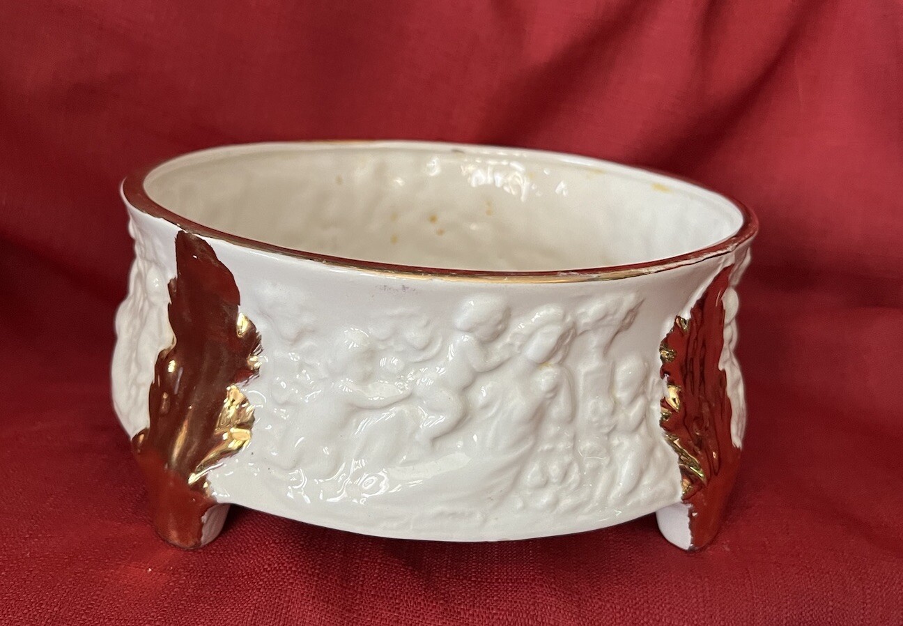 Figural Centerpiece Footed Bowl Embossed Cherubs Goddess Gold Accents Italy VTG