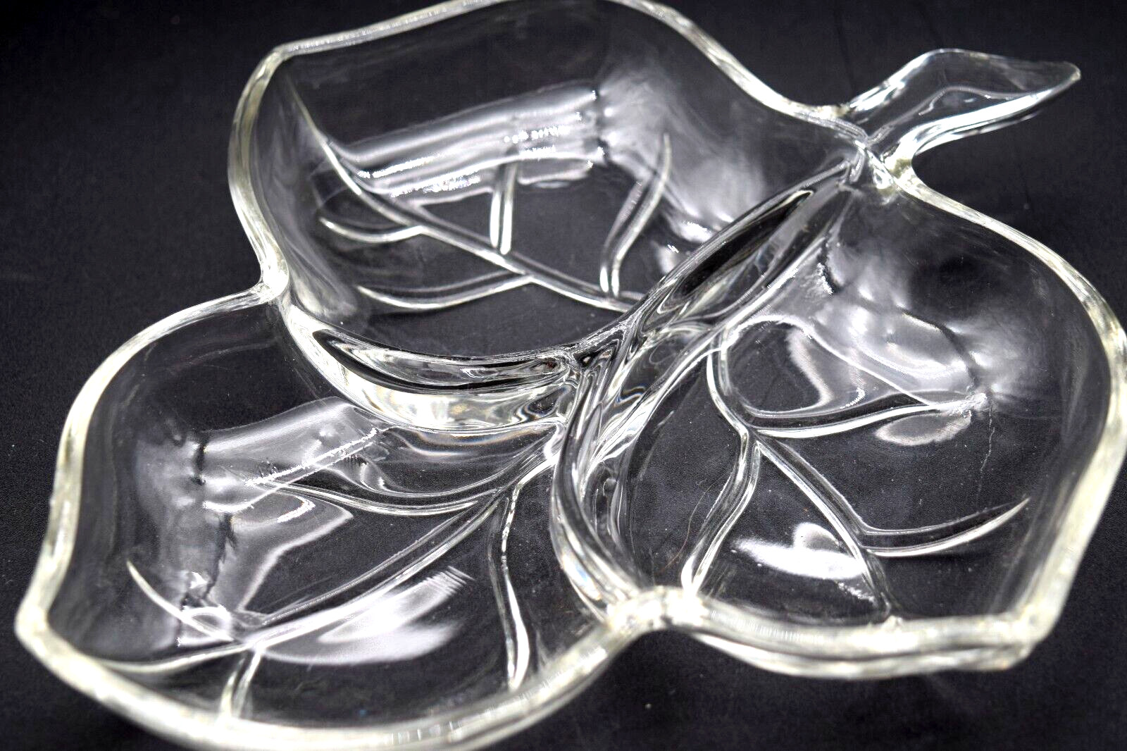Vintage 8 In Maple Leaf Pattern Clear Glass Three Section Divided Candy Nut Dish