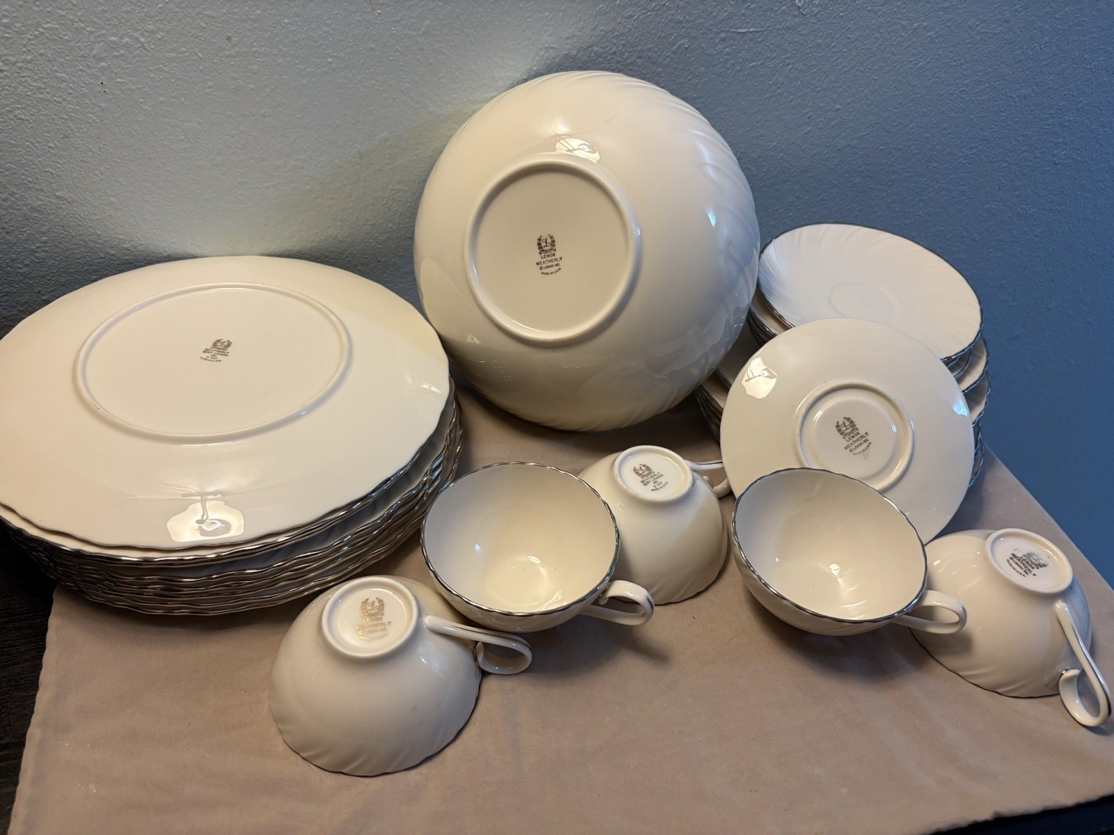 Lenox Weatherly White China Dinner Set Silver Rim Plates Cups Bowls USA D517