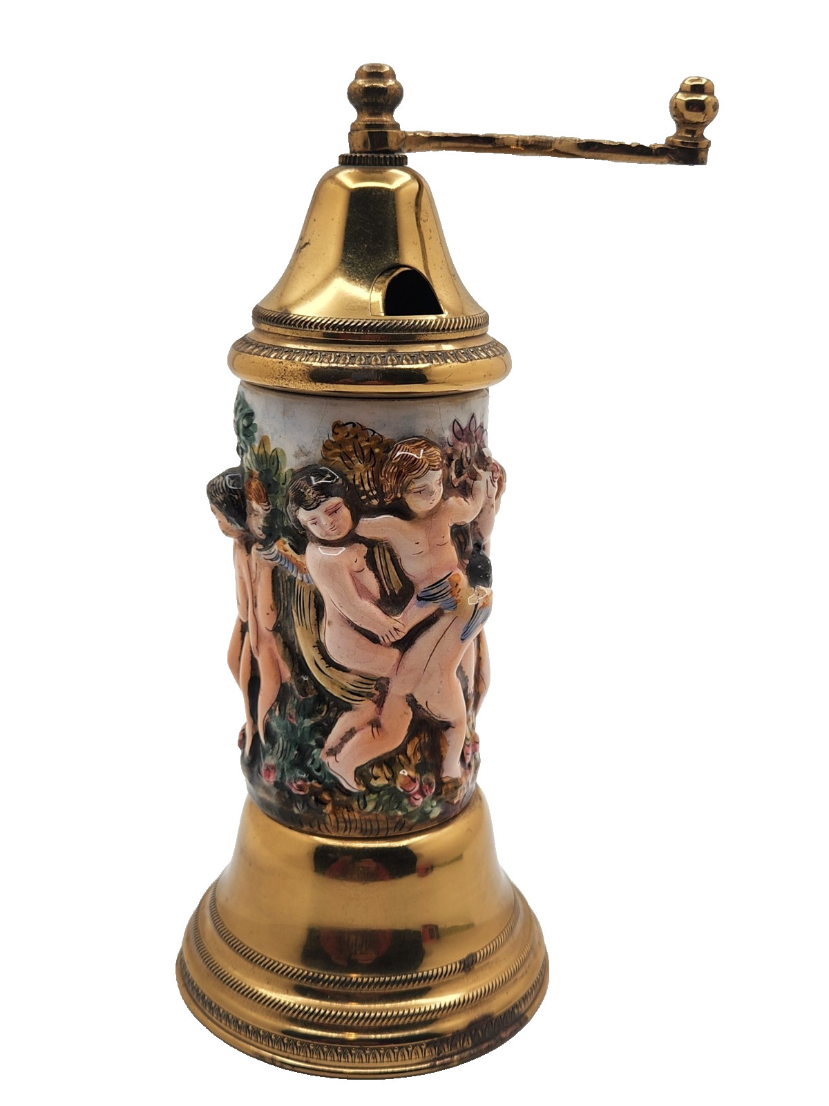 CAPODIMONTE PEPPER GRINDER W/CHERUBS & REUGE MUSIC BOX – Vtg