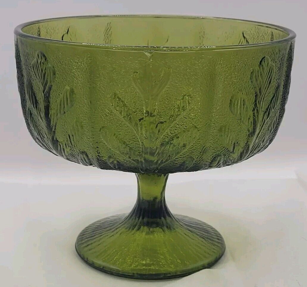 Vintage FTD Avacado Green Glass Footed Dish Oak Leaf Pattern