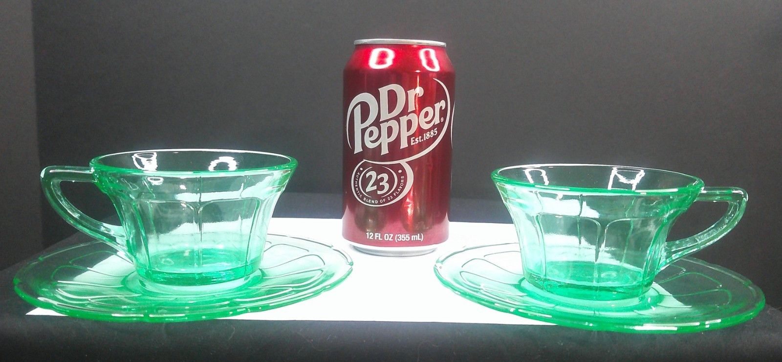 Uranium, Diamond Glass Co, Victory, Green, Cup & Saucer Sets, (2), c 1929, ExCd