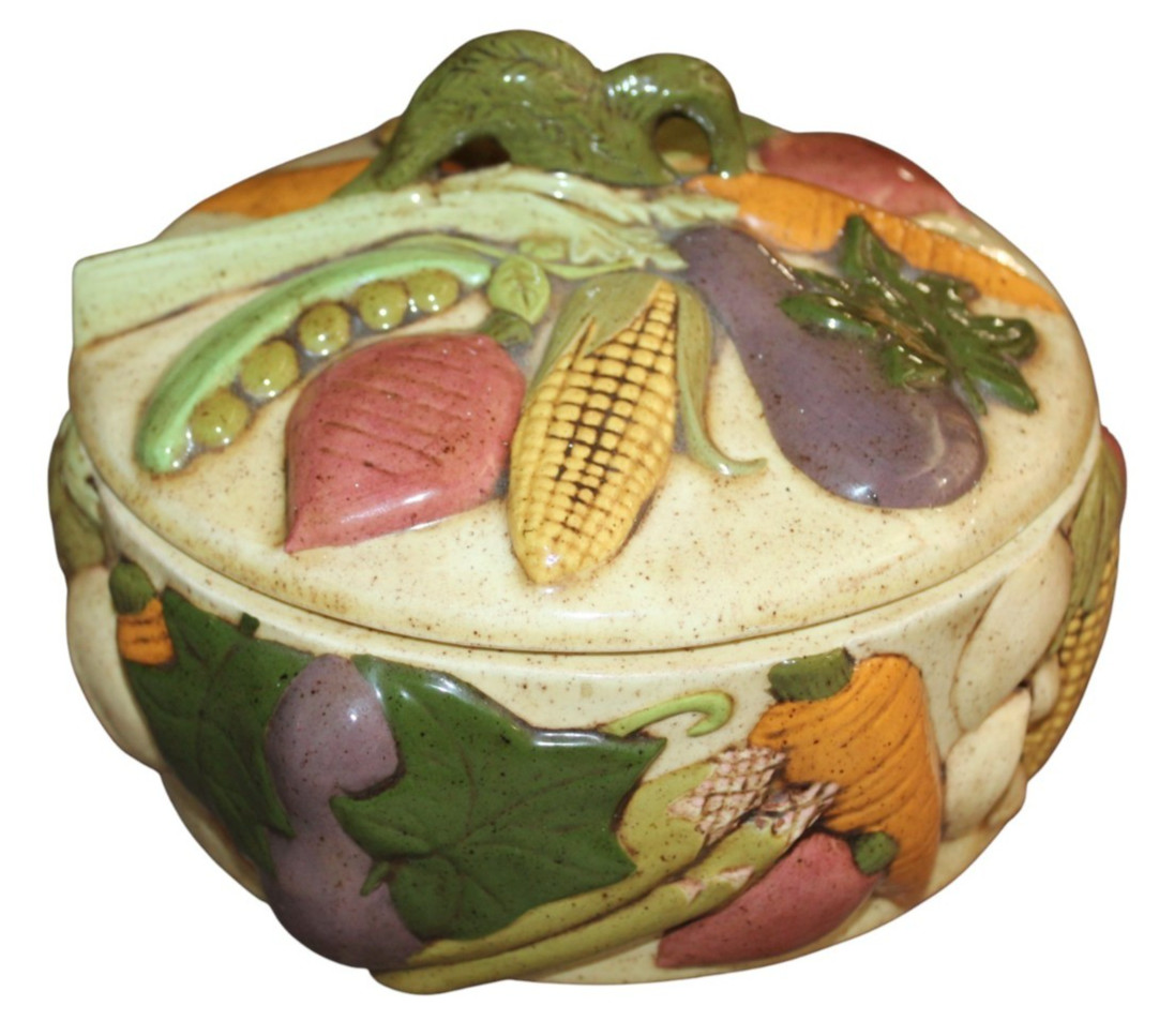 Vintage Hand Painted Ceramic Vegetable 7.5″ Covered Dish Mushroom Corn Carrot